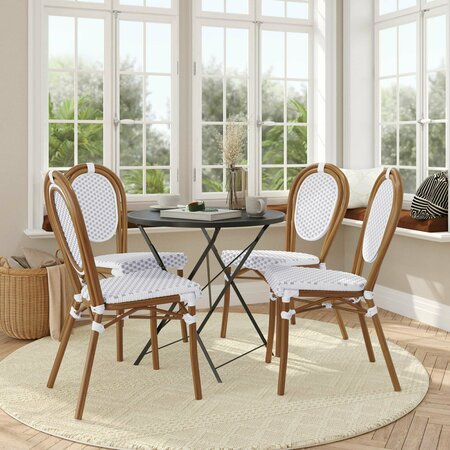 FLASH FURNITURE Lourdes Thonet French Bistro Stacking Chair, White/Gray PE Rattan/Bamboo Print Alum Frame, 4PK 4-SDA-AD642002S-WHGY-NAT-GG